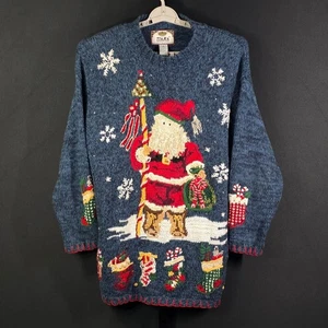 Tiara International Sweater M Blue Santa Christmas Holiday Knit Ugly Sweater - Picture 1 of 8