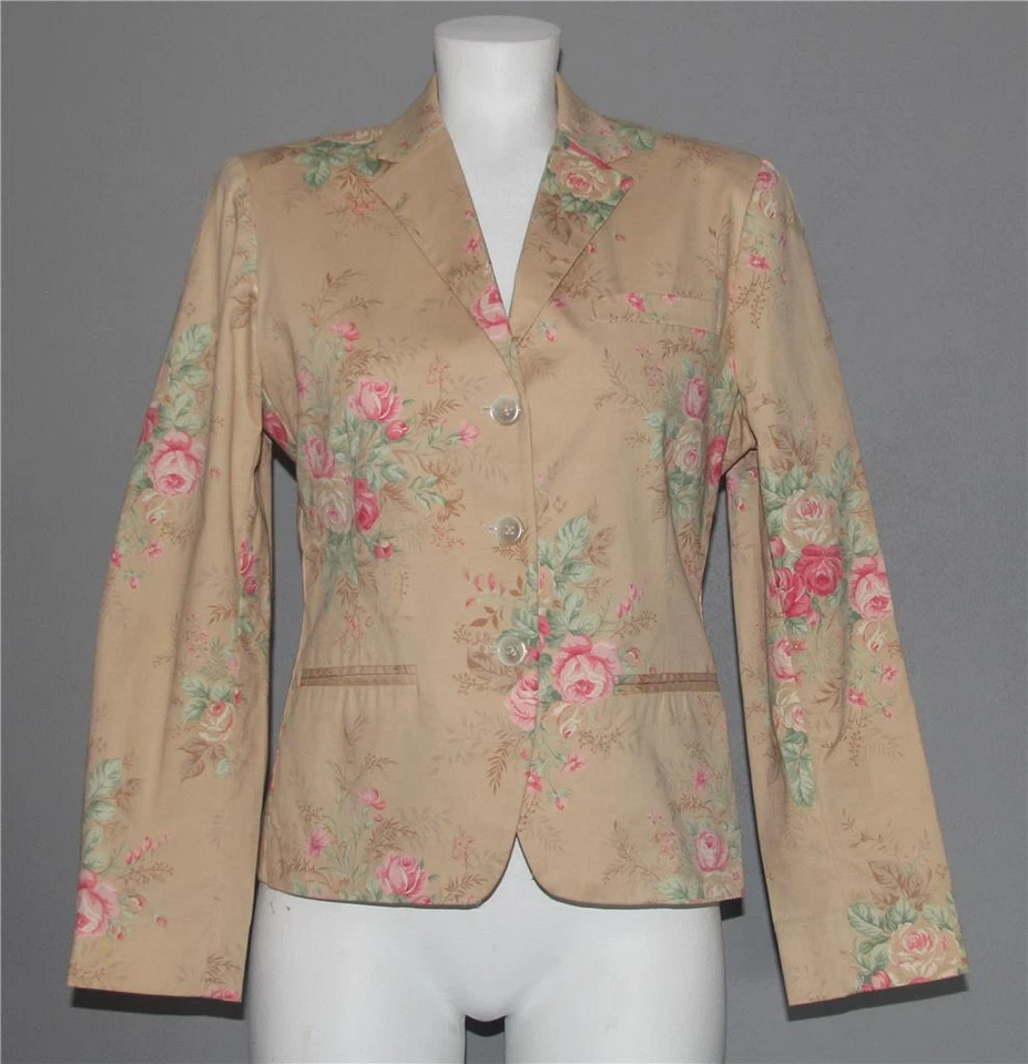 Ralph Lauren потертый коттедж цветочный 3-Pkt эластичной хлопок желтовато-коричневый блейзер Wms 10P носили? - Изображение 1 из 1