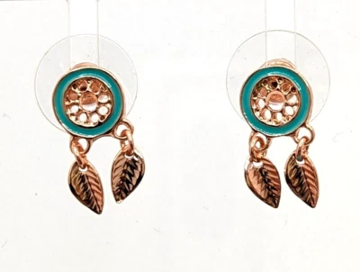 Pendientes Atrapasueños Hojas Colgantes Tono Cobre Turquesa Esmalte Aretes Foto 1 de 4