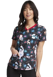 Rudolph Cherokee Scrubs Tooniforms Christmas V Neck Top TF784 RUIR - Picture 1 of 5