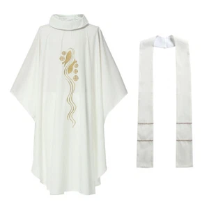 Katholisches Messing Kirche Gewand Priester Mantel mit Stola bestickt weiß - Bild 1 von 9