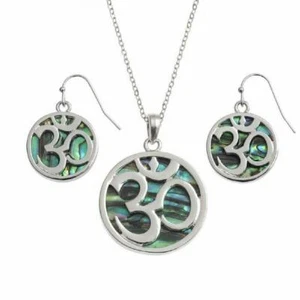 BellaMira Om Peace Abulón Paua Cáscara Colgante Plata Pendientes Juego de Regalo - Imagen 1 de 4