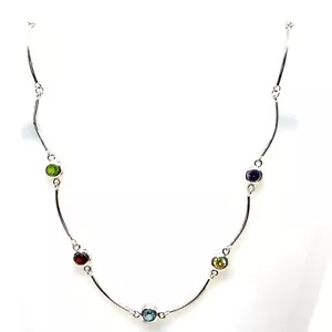 Vtg Sign 925 Sterling Silver Station Multi Stone Petite Collar Link Necklace 17 - Picture 1 of 6