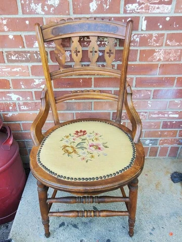 Antique Walnut Chair Yellow Needlepoint Ornate Carved Backrest Spindles #5 Cover