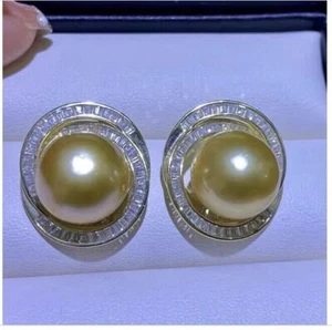 New AAA 10-11mm genuine Natural Round Golden South Sea Pearl Earrings 925S - Picture 1 of 1