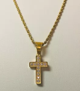 Classic Gold Finish Cross Pendant Necklace with Clear CZ Stones Timeless Jewelry - Picture 1 of 9