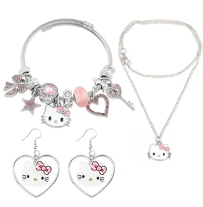 Hello Kitty 3 Pc Silver Pink Rhinestone Accent Charm Bracelet and Necklace Set - Picture 1 of 6