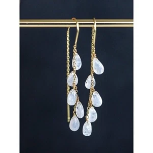 Rainbow Moonstone Threader Earrings Gemstone Dangle Earring Non-tarnish Gold - Picture 1 of 13