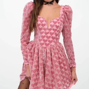For Love & Lemons Theresa Mini Dress XS Barbie Core Velvet Heart Long Sleeve NWT - Picture 1 of 8