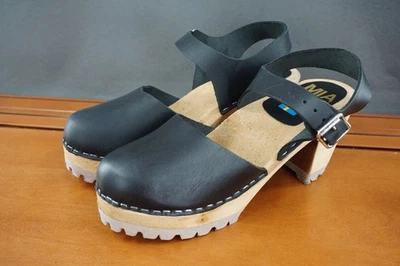 MIA Abba Womens 38 / 8 Shoe Black Leather Slingback Swedish Clog Heel Sandal - Image 1 of 4
