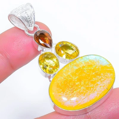 Tripletta Opale di Fuoco, Citrino Gemma 925 Argento Sterling Ciondolo Gioielli - Immagine 1 di 4