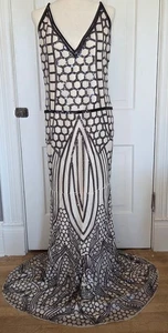 1920's Beaded V Neck V Back Long Dress Art Deco Flapper Gatsby Beige Black XL - Picture 1 of 19