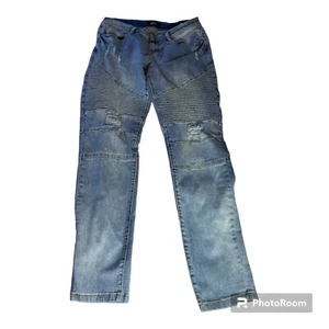 ZLZ Denim Jeans 32" Waist 31" Inseam Distressed Biker Slim Fit Stretch Lite Blue - Picture 1 of 9