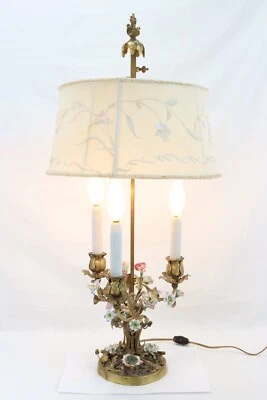 Antique Gilt Bronze Bouillotte Desk Lamp with Porcelain Flowers & Silk Shade - Image 1 of 4