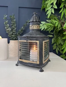 Vintage-Style Lantern | Ribbed Glass Panels – Antique Black Metal Candle Holder - Picture 1 of 8