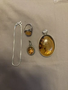 Lote 925 Ámbar Colgante Anillo Cadena Talla 5 Joyería Esterlina Antiguo Peón - Imagen 1 de 10