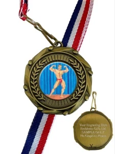 Body Building Muscle Man Award (C) 45mm Combo Medal & Ribbon Engraved Free - Picture 1 of 2