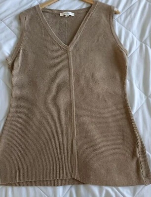 Travelsmith 毛衣女式大号棕褐色 V 领无袖束腰罗纹长款二手状况完好 — 第 1/4 张图片