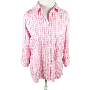 Foxcroft Pink Gingham Pucker Button Shirt 3/4 Sleeves Easy Fit Summer Size 14 - Picture 1 of 10
