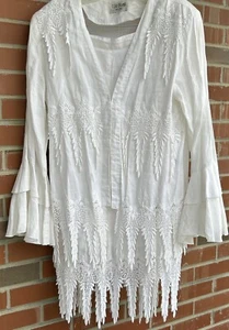 Vintage Womens Linen And Battenburg Lace Two Pc Skirt Jacket Set White Sz 12 - Picture 1 of 12