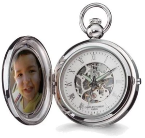 Charles Hubert Chrome Finish Brass 2-Photo Insert Pocket Watch - Picture 1 of 4