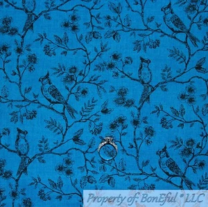 BonEful FABRIC FQ Cotton Quilt Blue Bird Tree Branch Flower Toile Holiday Xmas S - Picture 1 of 14