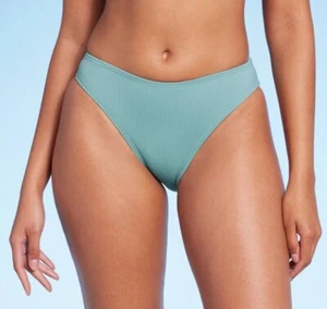 Shade & Shore Ribbed Hipster Cheeky Bikini Bottom Womens Large Low Rise Green - Picture 1 of 8