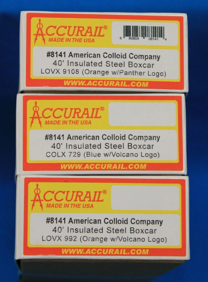 HO Scale - ACCURAIL 8141 AMERICAN COLLOID Company 40' Steel Boxcar 3-Pack - KIT