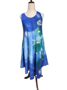Vintage Crazy Fish handbemalt Ozean Kleid blau grün Sea Life hauchdünn L Kunst zu tragen - Bild 1 von 9
