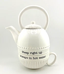 Mud Pie Tea Pot & Tea Cup Set Steep Right Up Always In Hot Water Preowned - Picture 1 of 7