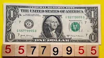 Solid Four Consecutive Pair 5s 7s 9s 5s Fancy Serial Number One Dollar ￼Bill DC - Image 1 of 4