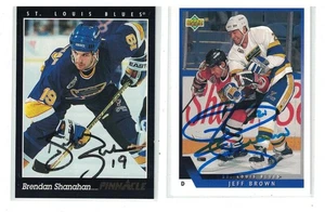 BRENDAN SHANAHAN Jeff Brown 2 carte autografe St. Louis Blues HOF Auto - Foto 1 di 2
