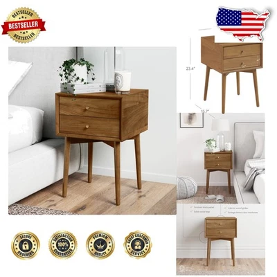 Mesita de noche compacta de roble: almacenamiento de 2 cajones, detalles de latón, fácil montaje Foto 1 de 4