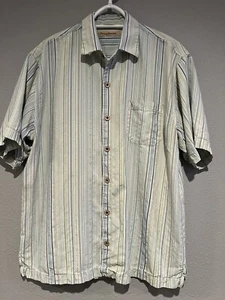 Tommy Bahama Shirt Mens Medium 100% Silk Striped Button Up Hawaiian Pocket - Picture 1 of 7