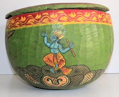 Figura de Krishna hecha en madera vintage pintura arte popular tribal cuenco olla Foto 1 de 4