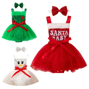 Baby Girl Christmas Mrs. Claus Dress Holiday Romper Photo Shoot Bow Headband - Picture 1 of 44
