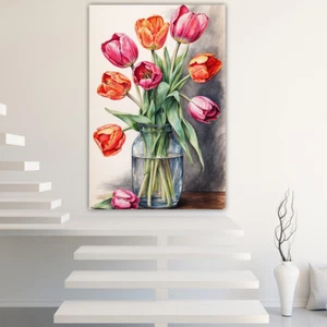Colorful Tulips in a Glass Bottle Poster Decorative Painting Canvas Wall Art - Picture 1 of 5