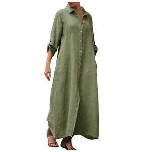 Women Button Up Shirt Dress Flowy Long Sleeve Maxi Dress Modest Beach Cover Ups - Picture 1 of 35