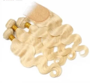 12A BODYWAVE PERUVIAN VIRGIN HUMAN HAIR BLONDE 613# 18+18+18&18INCH CLOSURE 350g - Picture 1 of 8