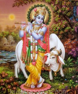 Krishna with Cow at Dusk CV09SC Canvas Art 15x18" - Picture 1 of 1