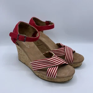 Toms Womens University Red Striped Cork Wedge Heels Strappy Sandal Size US 9.5W - Picture 1 of 9