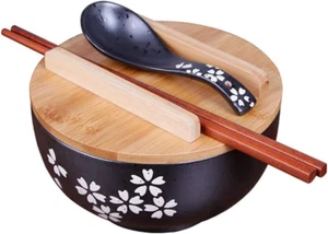 Japanese Cuisine Bowl with Lid Vintage Ramen Bowl with Lid Black Ceramic Instant - Picture 1 of 12