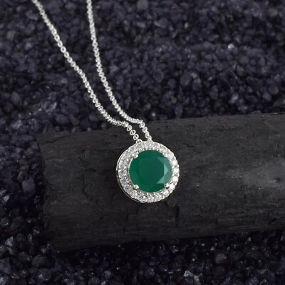 Verde Natural Onix & Circonita Cúbica Hecho 925 Colgante de Plata 18" Cadena - Imagen 1 de 4