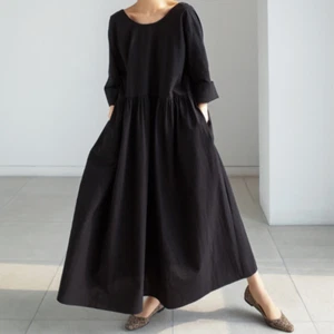 Lady Cotton Dress Loose Casual Baggy Oversized Long Sleeve Midi Retro Black Chic - Picture 1 of 14