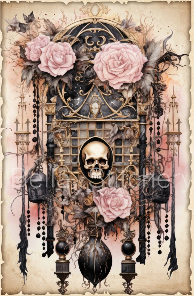 Calaveras góticas y rosas pastel collage de Halloween #3 bloque de tela de algodón artesanal Foto 1 de 1