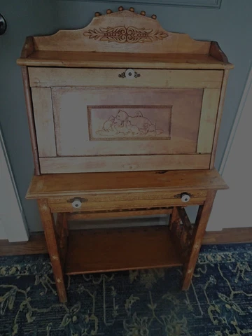 Antique Pine Childs Writing Desk Secretary Writing  Engraving with Cat w/Kittens Cover