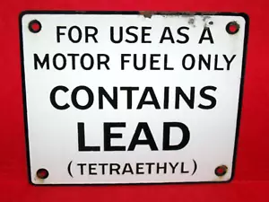 Original 1950s era CONTAINS LEAD Old Gas Pump Plate Porcelain Sign - Picture 1 of 2