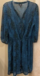 Mossimo Sheer Teal Blue&Green Paisley Print 3/4 Sleeve Drawstring Waist Dress L - Picture 1 of 4