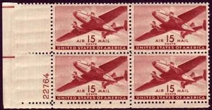 US Stamp 1941 Transport Plane 15c Airmail Plate Block of 4 Stamps NH #C28 - Picture 1 of 1