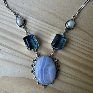 Vintage Anhänger Halskette 18" blaue Spitze Achat Topas Kultur Perlen 925 Sterling 38,3 g - Bild 1 von 12